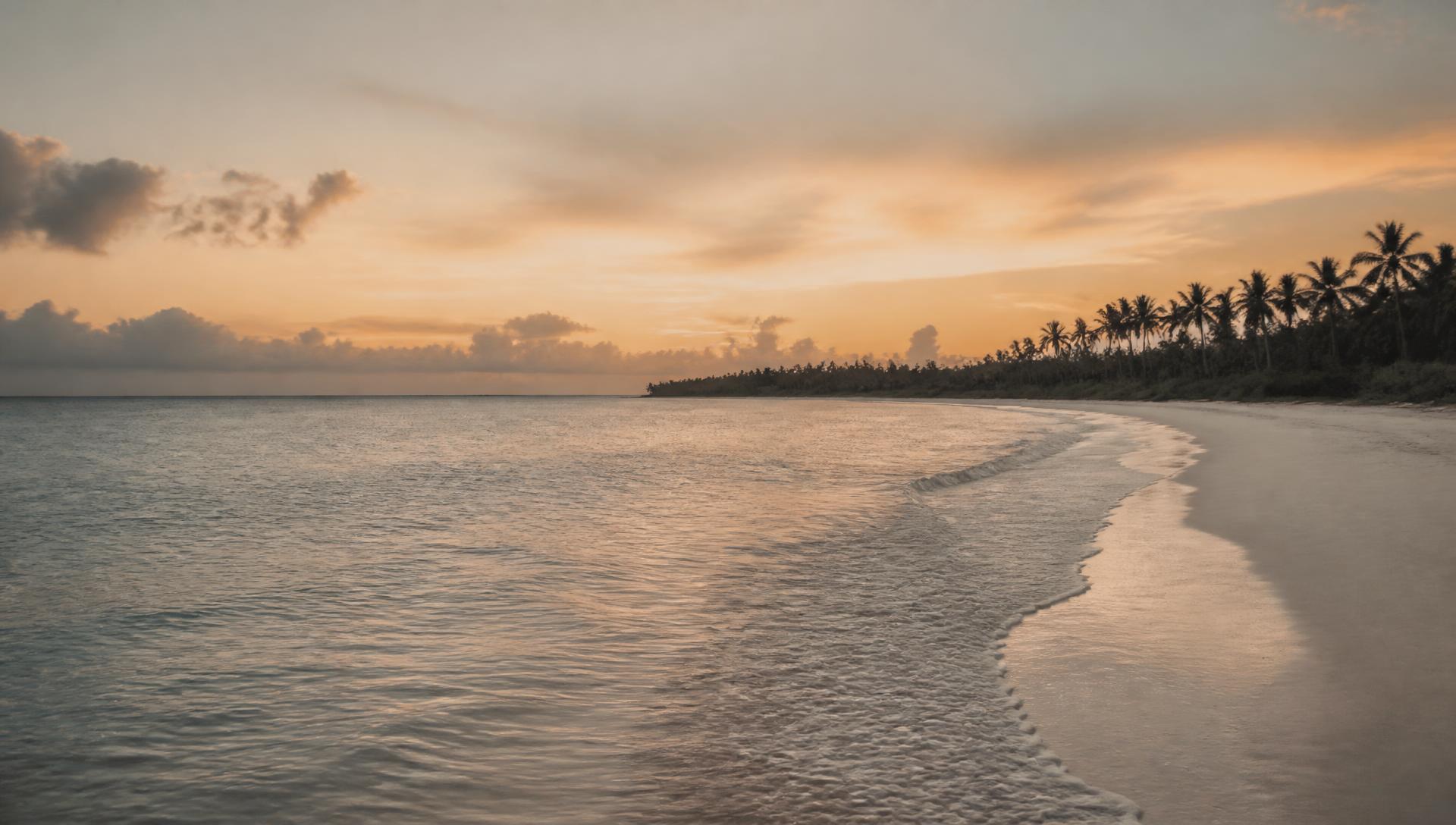 Punta Cana coastline at dusk with calm water and a distant tree line